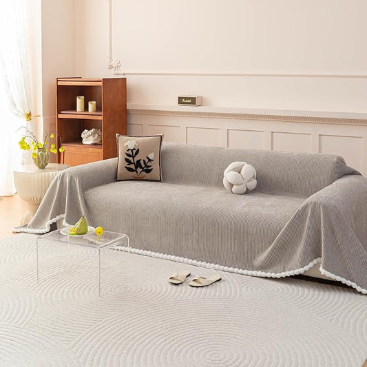 DREAMINGO Striped Chenille Couch Cover Blanket Washable Furniture Protector for Pets/Kids Farmhouse Modern Style Decorative Sofa Throw Cover for Living Room, Pom Pom Trim, Light Grey, 71"x134" by DREAMINGO