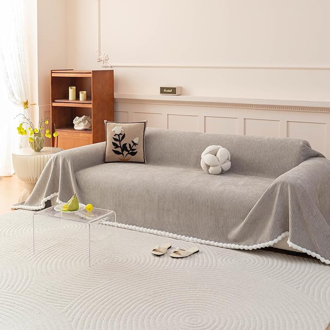 DREAMINGO Striped Chenille Couch Cover Blanket Washable Furniture Protector for Pets/Kids Farmhouse Modern Style Decorative Sofa Throw Cover for Living Room, Pom Pom Trim, Light Grey, 71"x118" by DREAMINGO