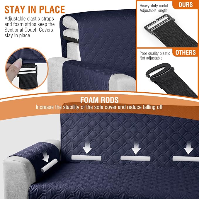 VANSOFY Sectional Couch Covers 100% Waterproof L Shaped Sofa Slipcover 3pcs Reversible Chaise Lounge Cover for Sectional Sofa Furniture Protector Cover for Pets Cat Dog(Large, Dark Blue) - Image 5