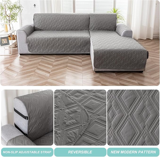 Genina Waterproof L Chaise Sectional Cover for Kids Pets (Light Grey, Sofa Large) - Image 5