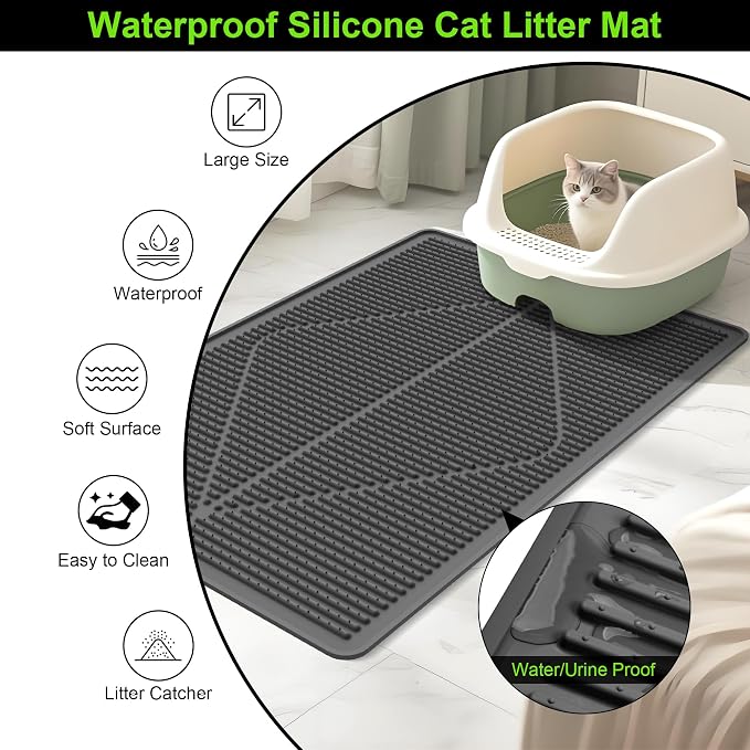 Mofason Silicone Cat Litter Mat XXL, Black Extra Large Litter Matt for Cat | Waterproof 38"x25" kitty litter box mat for floor; extra large pet trapping rug pad mat, cat litter catcher easy clean indoor - Image 2