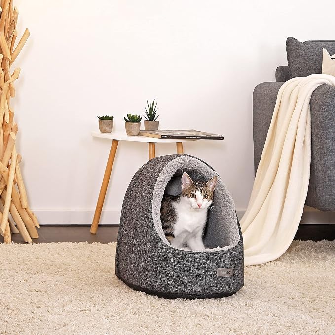 lionto cat cave with Cuddly Reversible Cushion, Washable pet Bed, Well Padded for Cats and Small Dogs, 15,7x13,8x15 in, Cozy cat Bed with Non-Slip nubs, Dark Grey Mottled - Image 2