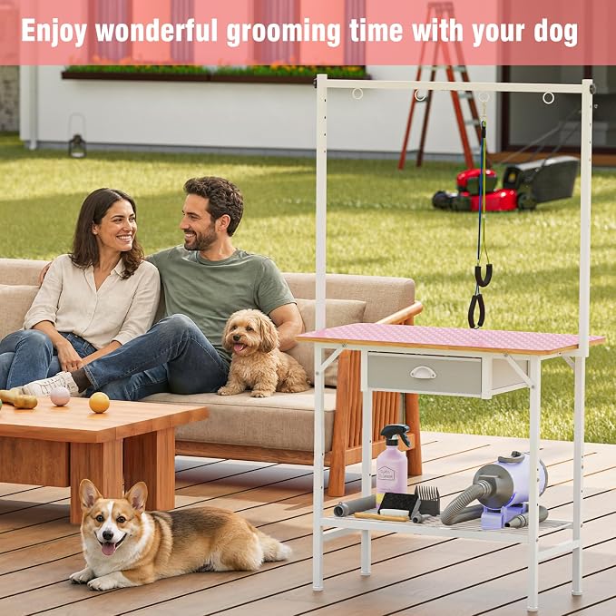 32-Inch Adjustable Dog Grooming Table with Drawer & Mesh Tray, Pet Grooming Table with Non-Slip Removable Washable Mat & EVA Protective Lanyard, Professional Grooming Table for Small Dog at Home（Pink - Image 8