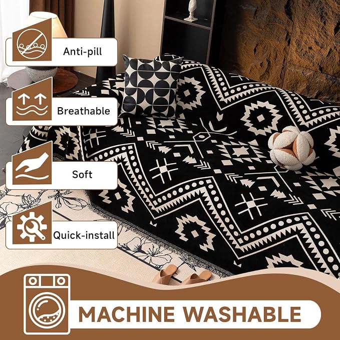 VClife Extra Large Couch Cover for Oversize Sofa Bohemian Sofa Slipcover, Aztec Geometric Chenille Sofa Cover Washable White Black Tribal Pattern Couch Protector Futon Cover 71" X 150" - Image 4