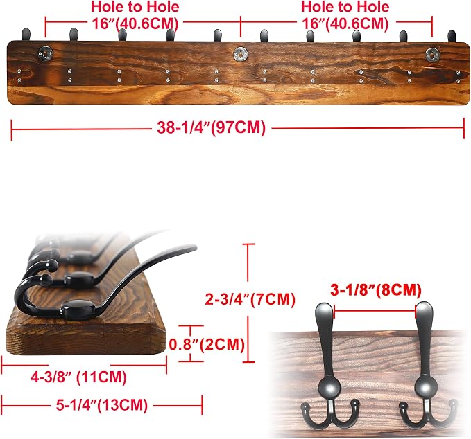 Dseap Coat Rack Wall - Heavy-Duty 38-1/4" Long, with Reinforced 10 Custom Tri-Hooks, Solid Wood Wall Hanger for Coats Hat Jackets - Rustic Farmhouse Entryway Hallway Storage, Natural & Black - Image 6