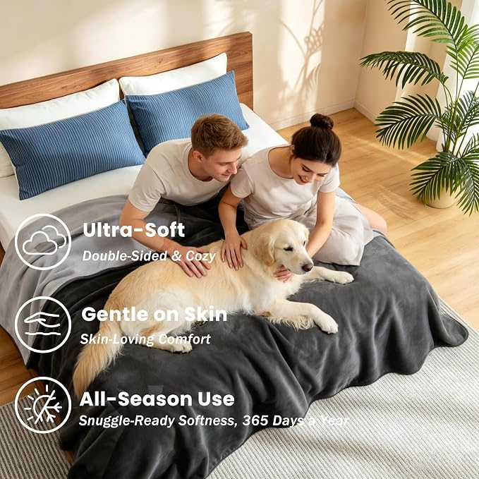 gogobunny Waterproof Reversible Flannel Blanket for Dogs and Cats, Double-Sided Furniture Protector Throw for Sofa, Couch, Bed Against Spills & Pet Fur (50" x 60", Dark Grey/Light Grey) - Image 2