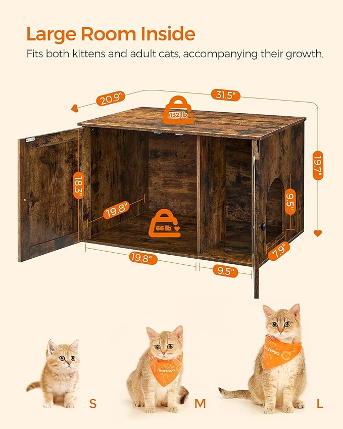 Feandrea Cat Litter Box Enclosure, Litter Box Furniture Hidden with Removable Divider, Indoor Cat House, End Table, 31.5 x 20.9 x 19.7 Inches, Rustic Brown UPCL002X01 - Image 5