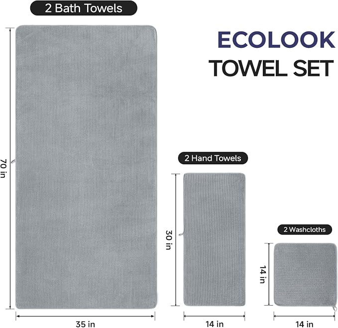 ecolook Microfiber Large Bath Towel Set of 6, Soft & Highly Absorbent, Gray | 2 Oversized Bath Towels (35"x70"), 2 Hand & 2 Washcloths | Quick Dry, Low Lint Towels for Bathroom, Spa, Gym, Hotel & Travel - Image 3