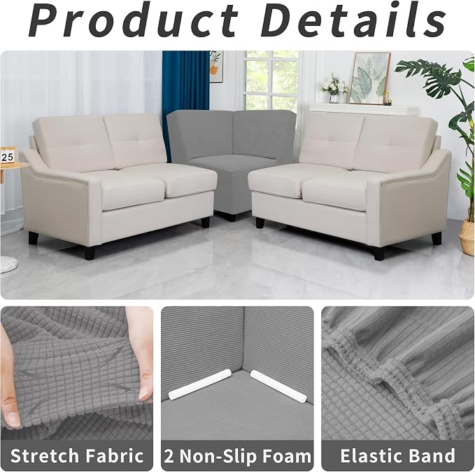 Easy-Going Stretch Soft Sectional Corner Sofa Couch Slipcover Light Gray | 1-Piece Sofa Cover Furniture Protector with Bottom For Kids, Pet, Spandex Jacquard Machine Washable for Living Room - Image 4