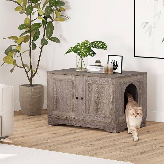Tangkula Cat Litter Box Enclosure, Wooden Kitty Washroom Cabinet w/Winding Entry & Cat Hole, with Divider, Hidden Double Enclosed Litter Box Furniture for Living Room, Bedroom, Entryway (Grey) - Image 3