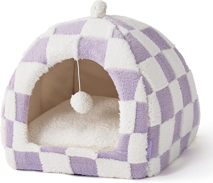 Lesure 2in1 Cute Cat House for Kitten with Washable Cushioned Pillow,16in | Cat Beds for Indoor Cats,Small Pet Cave Tent,Cozy Enclosed Foldable Hideaway,Fluffy Ball,Anti Slip Bottom,Hand Strap,Purple - Image 7