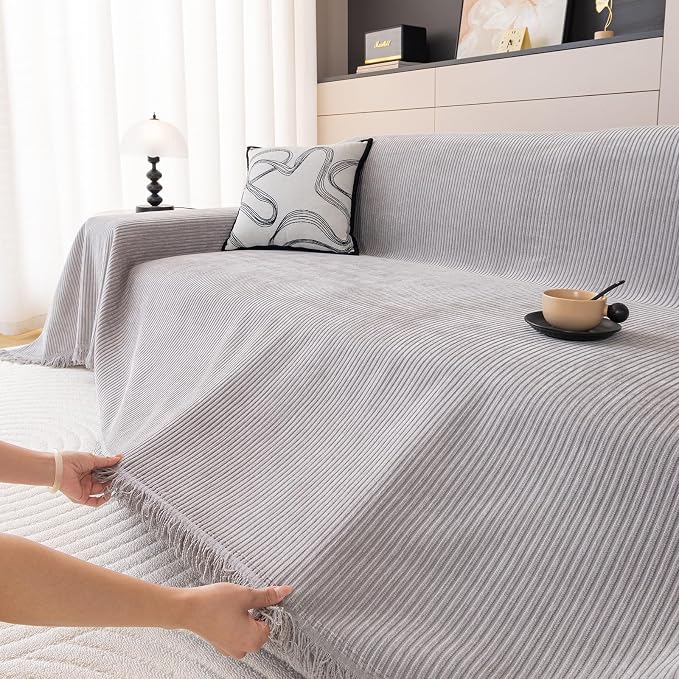 DREAMINGO Modern Minimalist Sofa Covers Washable Pet Furniture Protector Couch Cover for Dogs Cozy Chenille Couch Cover Blanket Stripe Textured Sectional Couch Slipcovers (XX-Large, Light Grey) - Image 3