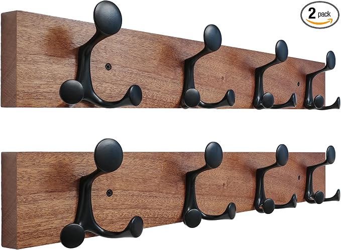 SKOLOO 24-Inch Wood Coat Rack Wall Mount with 4 Triple Hooks - Ideal for Family Entrances, Classrooms, and Pet Supplies Storage - Perfect Coat Hooks for Wall,Mahogany (Sapele), Pack of 2 by SKOLOO