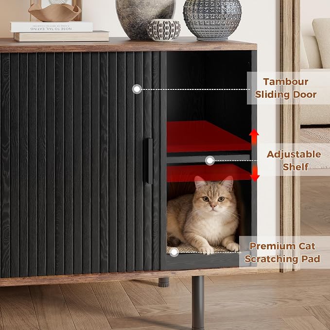 Cat Litter Box Enclosure, Kitty Hidden Litter Box Furniture with Scratch Pad, Modern Indoor Cat House, Sliding Door, Adjustable Shelf for Dog Proof, Black - Image 5