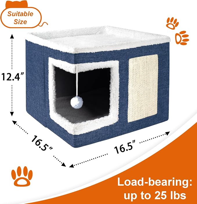 Loyareal Cat Houses for Indoor Cats - Large Cat Bed Cave with Scratch Pad and Fluffy Ball, Foldable Cat Condo Hideaway with Reversible Cushion for Multi Small Pet, Navy Blue - Image 3