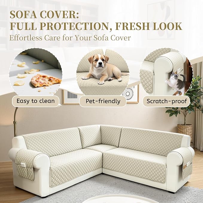 Sectional Couch Covers for Dogs 100% Waterproof Corner L Shaped Sofa Cover Pet Friendly Velvet Washable Anti Slip L Shape Modular Sofa Slipcover Protector with Pockets (Cream, XX-Large) - Image 4