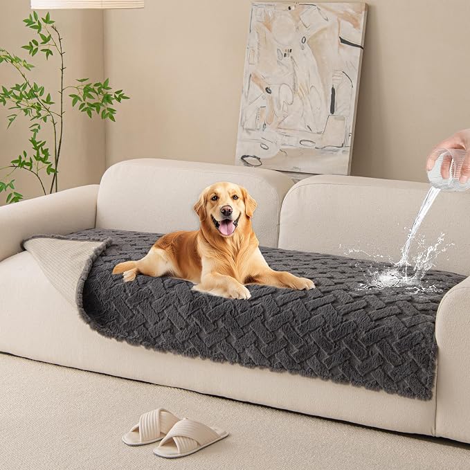 Waterproof Dog Bed Cover Non Slip Couch Cover for Dogs Washable Soft Faux Fur Sofa Cover Couch Covers for 3 Cushion Couch Sofa Pet Friendly (Grey, 34x94.5（1pc）) by Unknown