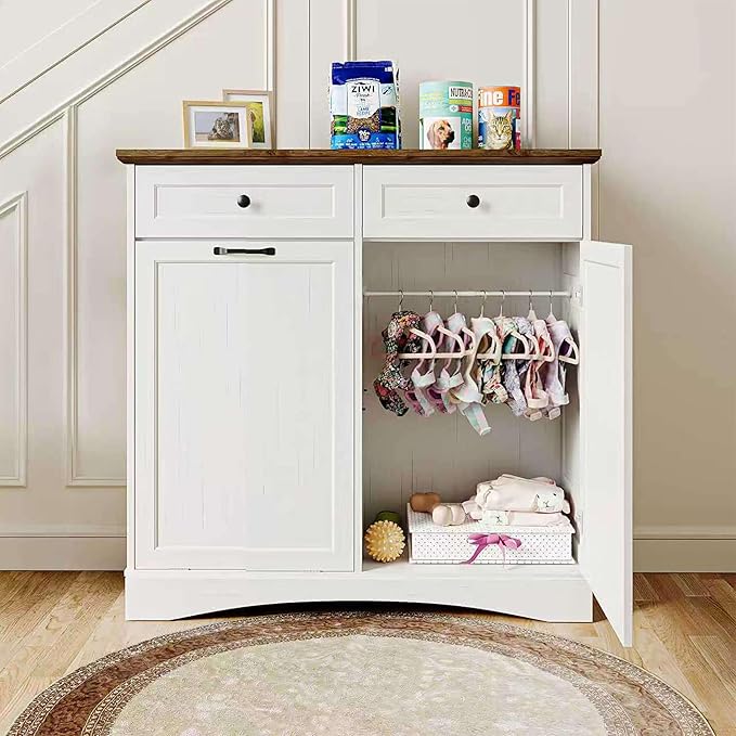 FIMELLO 39.7’’W Dual Doors Dog Food Storage Cabinet, Tilt-Out Dog Feeding Station with 4 Feeding Bowls, Pet Feeder Cabinet, White Grain - Image 6