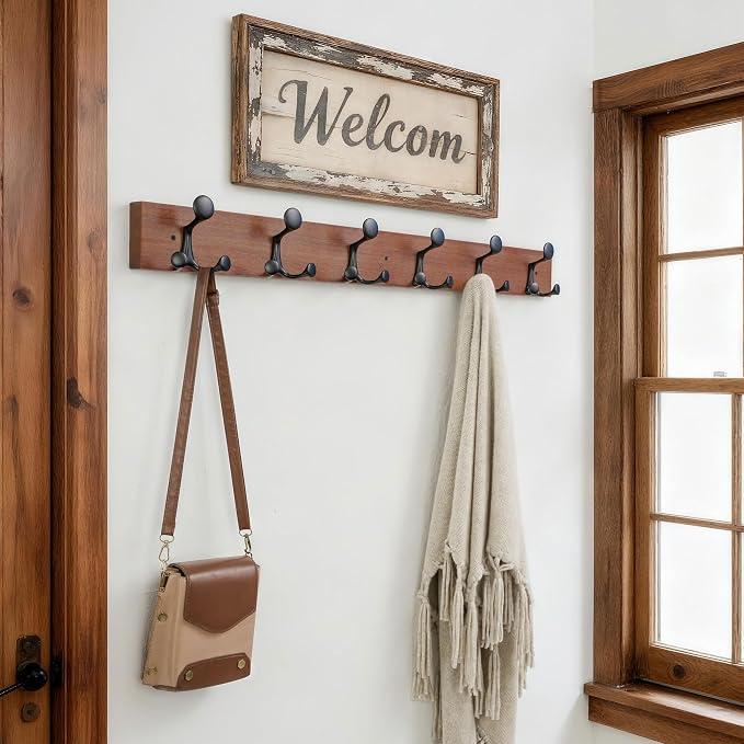 SKOLOO 36-Inch Wood Coat Rack Wall Mount with 6 Triple Hooks - Ideal for Family Entrances, Classrooms, and Pet Supplies Storage - Perfect Coat Hooks for Wall,Mahogany (Sapele) - Image 2