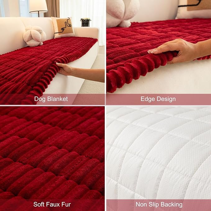 Christmas Faux Fur Plush Dog Couch Cover, 3D Stripe Fuzzy Sofa Covers, Non-Slip Fluffy Dog Bed Cover Pet Blanket, Washable Furniture Protector for Puppy Cat (Red,28"x82") - Image 7