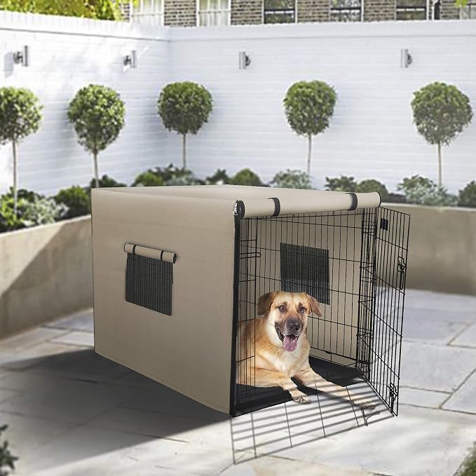 Dog Crate Cover 12 Oz Waterproof - Heavy Duty Privacy Dog Crate Cover with Mesh Pocket & Roll Up Window - Universal Fit Dog Kennel Cover (30" H x 43" W x 29" D, Beige) - Image 4