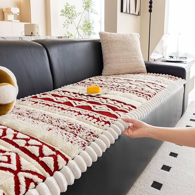 VClife Boho Couch Cover, Soft Fuzzy Couch Covers for Dog, Non-Slip Furniture Protector, Washable Durable Sofa Covers for Couch/Bench, Tribal White Red Geometric Slipcover, 27.6" x 70.9" - Image 6