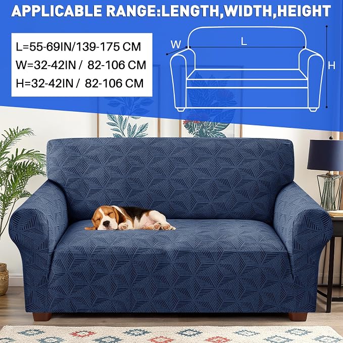 YEMYHOM 1 Piece Stretch Couch Covers for 2 Cushion Couch, Jacquard Loveseat Cover with Non-Slip Elastic Bottom, Thickened Slipcover Furniture Protector for Dogs Pets (Medium, Navy） - Image 2