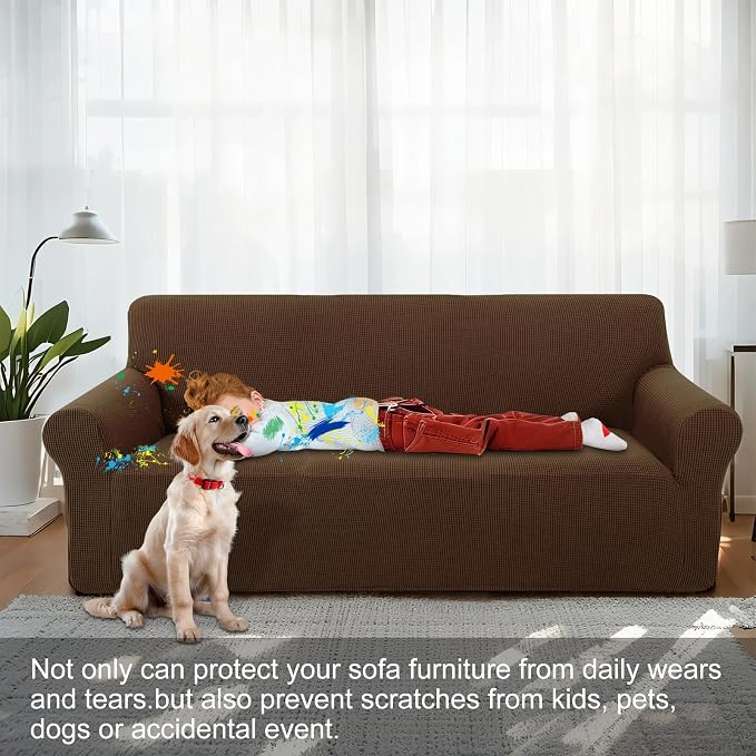 Stretch loveseat Covers Washable Sofa Slipcover, Brown | 1 Piece Couch Covers for Sofa Furniture Protector with Non Skid Foam and Elastic Bottom for Kids, Dogs - Image 2