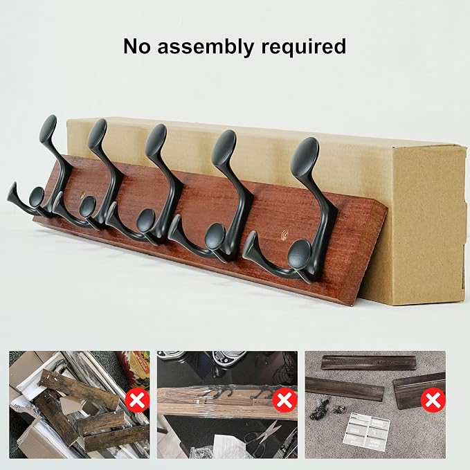 SKOLOO 24-Inch Cherry Wood Coat Rack Wall Mount with 5 Triple Hooks - Ideal for Family Entrances, Classrooms, and Pet Supplies Storage - Perfect Coat Hooks for Wall, Pack of 2 - Image 2