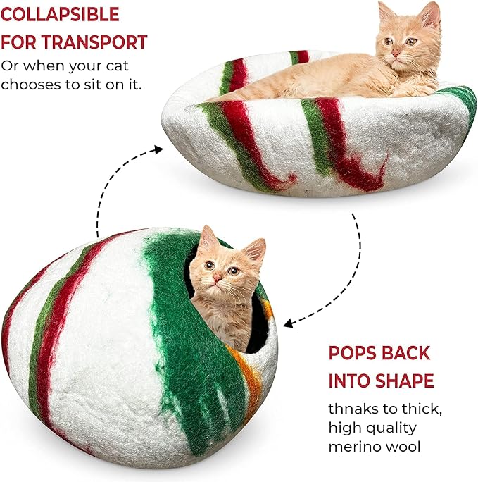 Woolygon Premium Felt Cat Cave Bed – Wool Kitty Beds Handcrafted Kitten Caves Bed for Indoor Cats - Made from Merino Wool, Foldable Cat Hideaway Covered Cat House Pod (Candy Swirl) - Image 4