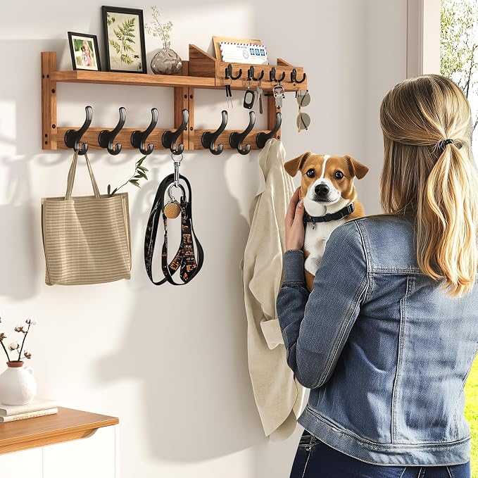 Evermagin 29" Coat Rack Wall Mount with Shelf & 11 Hooks, Entryway, Brown | 4-in-1: coat hooks, key hanger, mail holder & display shelf. Pine wood. For bedroom, hallway, mudroom, livingroom. - Image 5
