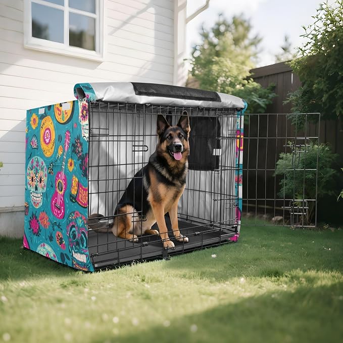 Dog Crate Cover Kennel Cover for Dog Cages Breathable for Wire Cage Indoor Outdoor Teal Fiesta Mexico Skulls Guitars - Image 8
