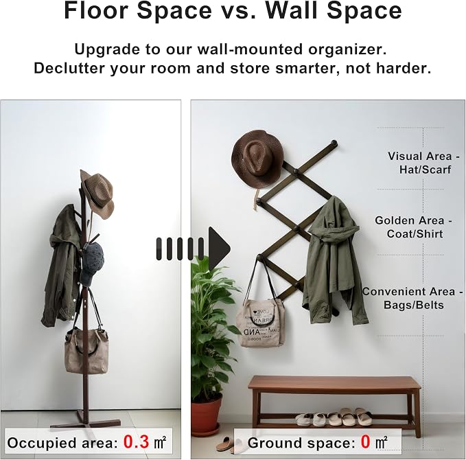 SKOLOO Hat Rack for Wall with 11 Hooks, 24 inch Solid Wooden, Modern, Huge Coat Rack Wall Mount for Coats, Hats, Bags, Cowboy Caps, Baseball Caps, Dark Walnut Color - Image 5