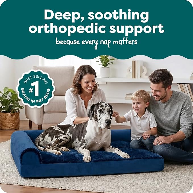 Furhaven Orthopedic Dog Bed for Large Dogs w/ Removable Bolsters & Washable Cover, For Dogs Up to 125 lbs - Plush & Velvet L Shaped Chaise - Deep Sapphire, Jumbo Plus/XXL - Image 2