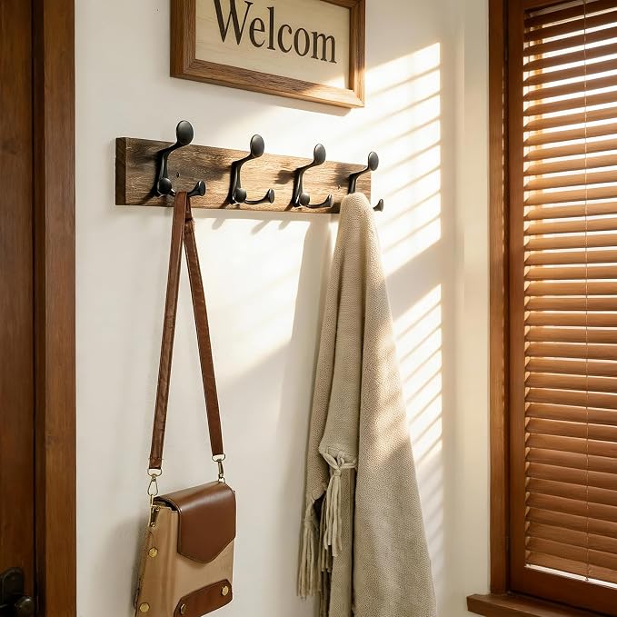 SKOLOO 24-Inch Wood Burnt Coat Rack Wall Mount with 4 Triple Hooks - Ideal for Family Entrances, Classrooms, and Pet Supplies Storage - Perfect Coat Hooks for Wall, Pack of 2 - Image 2