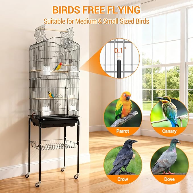 Garvee Open Top Large Parrot Bird Cage, Hanging Bird Cage with Detachable Rolling Stand and Storage Shelf, Playtop Parrot Cages Heavy-Duty Pet Birds House for Cockatiel Black - Image 4