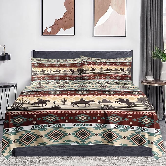 WeCozy King Size Bed Sheet Sets with Pillowcases, Tribal Cowboy Horses 4 Pcs Soft Microfiber Bedding for Kids and Adults, Retro Vintage Western Flat, Fitted Sheet for Bedroom Bed Decor - Image 2