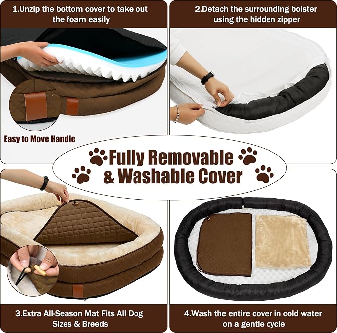 Large Dog Bed with Reusable Potty Pad - 44.1" x 32.3" x 6.3" Brown Bolster Pet Bed with Soft Plush Surface, Raised Sides, and Zippered Cover for Large Dogs - Image 8