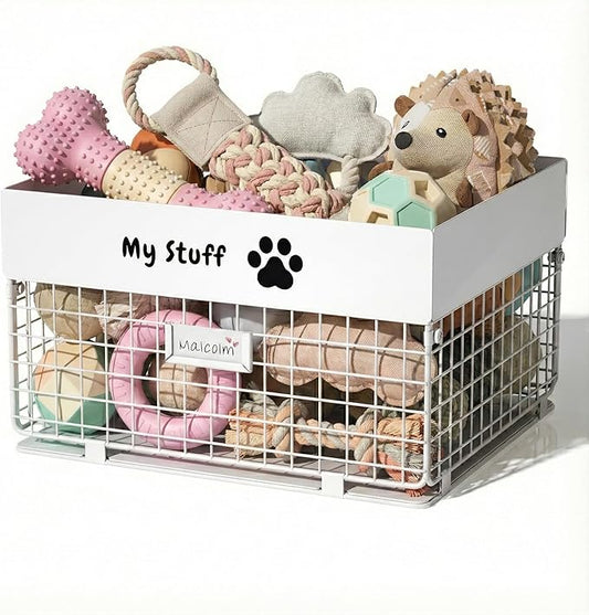 qeerable Dog Toy Box- Metal Toy basket for Dog - Dog Toys Storage Bin for Pet - Personalized Large Dog Toys Basket for Puppy and Pet- White Chew Resistant Dog Toy Chest & Organizer by qeerable