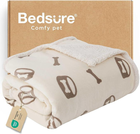 Bedsure Waterproof Dog Blankets for Large Dogs - 50"x60", Beige | Soft Print Sherpa Fleece Pet Cat Blanket Washable for Couch Bed Protection, Cozy Plush Reversible Throw Furniture Protector by Unknown