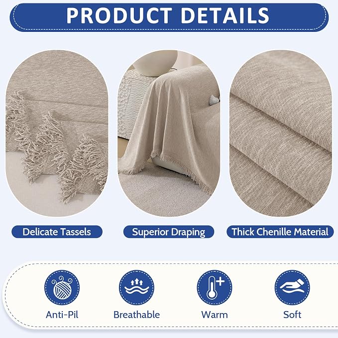 Chenille Couch Cover for Dogs, Boho Sofa Cover Washable Couch Cover, 3 Cushion Sofa Cover, Pet Throw Blankets for Couches with Tassel Furniture Protector Covers,71"×118",Khaki - Image 5