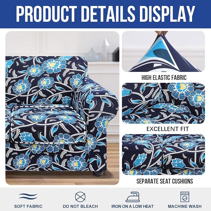 hyha Stretch Couch Covers, Sofa Cover for 3 Cushion Couch Pet Friendly | Floral Pattern, Printed, 4 Pieces, 3 Separate Cushion Sofa, Durable Anti-slip Washable Protector with Elastic Bottom for Dogs - Image 4
