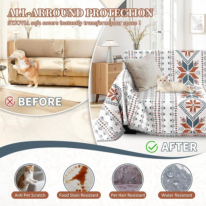 1OO% Waterproof Sectional Couch Covers for Dogs L Shaped Corner Sofa Cover Washable Chenille Sofa Slipcovers Blanket Modern Jacquard Pet Furniture Protector (91"x276", Boho Light Blue) - Image 5