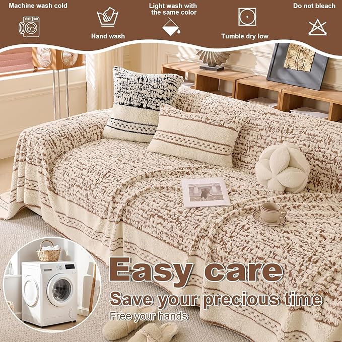 ROOMLIFE Thicked Striped Boho Khaki Couch Cover for 2-3 Cushion Sofa, Fuzzy Plush Warm Sofa Slipcovers Sectional Sofas Covers, Non Slip Washable Furniture Protector Soft with Tassel,Winter 71''X150” - Image 4