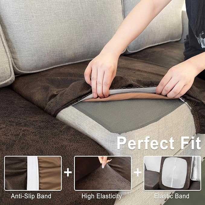 ANARACHON Leather Look Couch Cushion Covers Sofa Seat Slipcovers Sets Couches Furniture Protector for Sectional Armchair Loveseat Pets Kids Stretch Spandex Fabric(3 Cushion Sofa, Brown) - Image 5