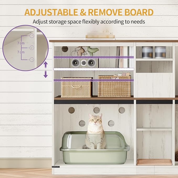 Hzuaneri Double Cat Litter Box Enclosure for 2 Cats, Cat Cabinet with Large Storage Space, Hidden Litter Box with Scratch Pad, Farmhouse Cats House, TV Stand End Table, Rustic Brown and White CB97014X - Image 6
