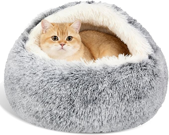 MADDEMCUTE Calming Dog & Cat Cave Bed With Hooded Cover, Removable Washable Round for Small Medium Pets, Anti-Slip Faux Fur Fluffy Coved for Improved Sleep, Fits up to 15/25 lbs (Grey, S) by MADDEMCUTE