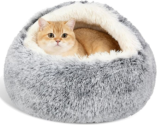 MADDEMCUTE Calming Dog & Cat Cave Bed With Hooded Cover, Removable Washable Round for Small Medium Pets, Anti-Slip Faux Fur Fluffy Coved for Improved Sleep, Fits up to 15/25 lbs (Grey, S) by MADDEMCUTE