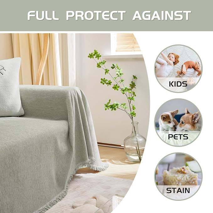 MEETSKY Sectional Couch Covers for Dog Chenille Sofa Cover, Washable Couch Cover for 3 Cushion Couch Sofa Pet Couch Furniture Protector, Sage Green Sofa Slipcover with Tassel - Image 5