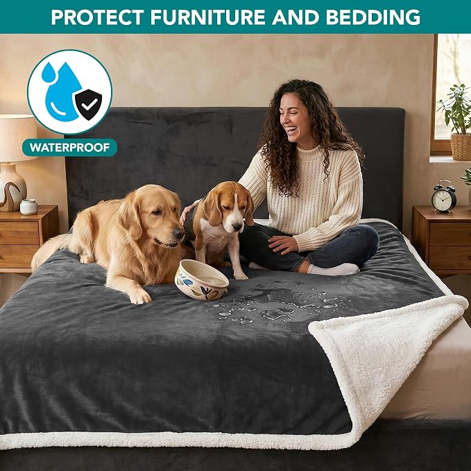PetAmi Waterproof Dog Blanket for Couch, Extra Large 80x60, Pee Proof Sherpa Fleece Reversible Pet Throw, Furniture Protector for Bed Sofa Crate Kennel, Soft Washable Cover for Dog Cat, Grey - Image 2